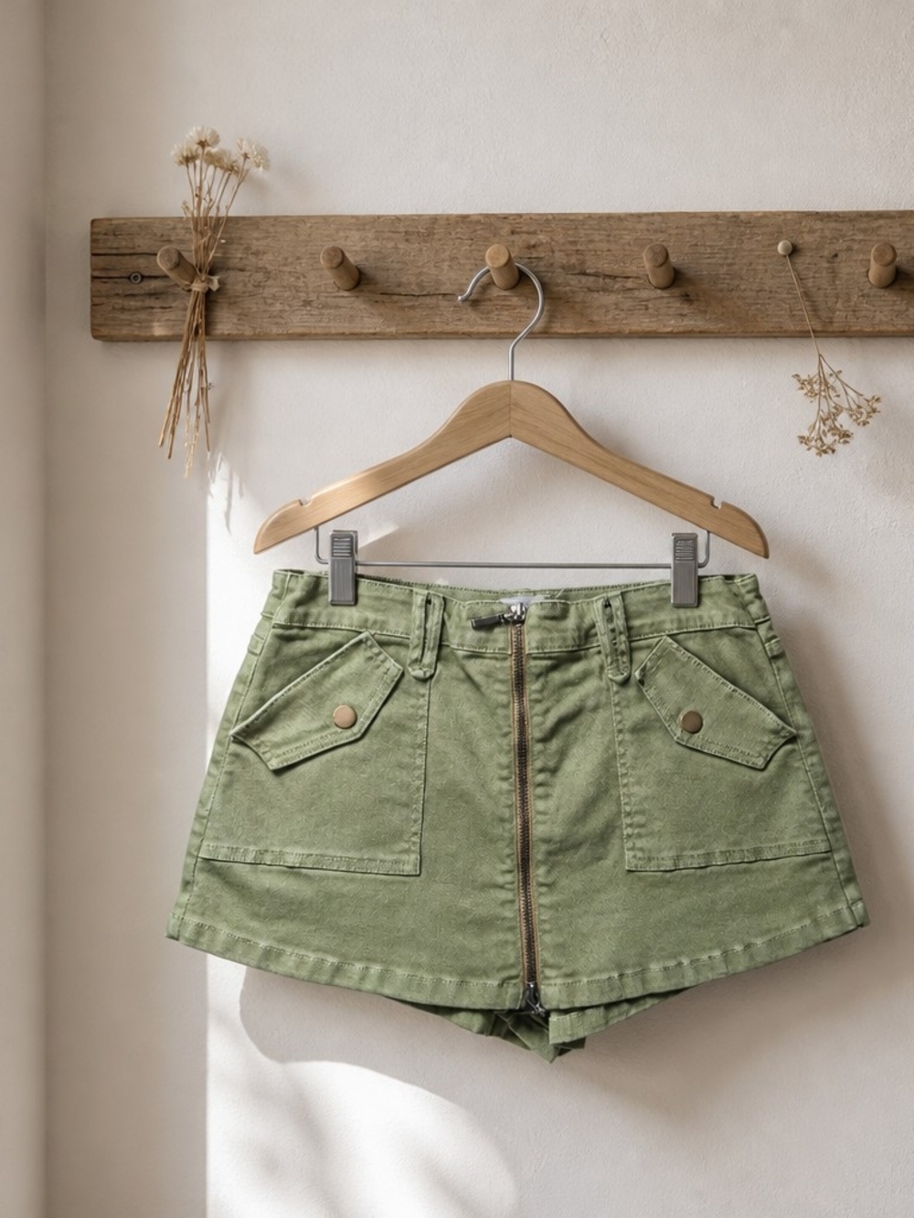 High-Rise Olive Green Utility Shorts with Front Zip
